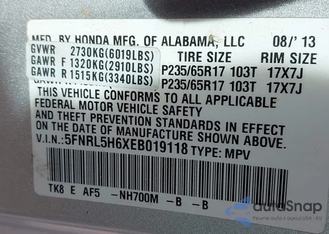 2014 Honda Odyssey Ex-L from USA, damaged, VIN 5FNRL5H6XEB019118